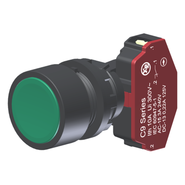 C9BNV01 – Botão Compacto Raso Verde Moldura Redonda 1NF p/ Furo 22mm