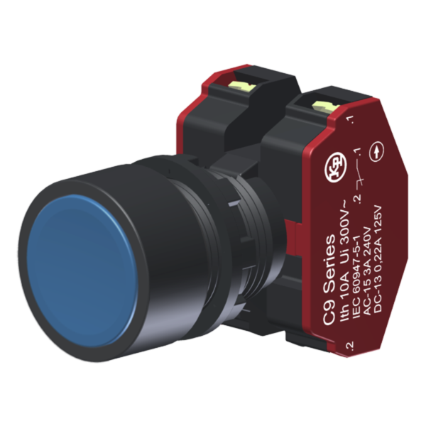 C9BNZ02 – Botão Compacto Raso Azul Moldura Redonda 2NF p/ Furo 22mm